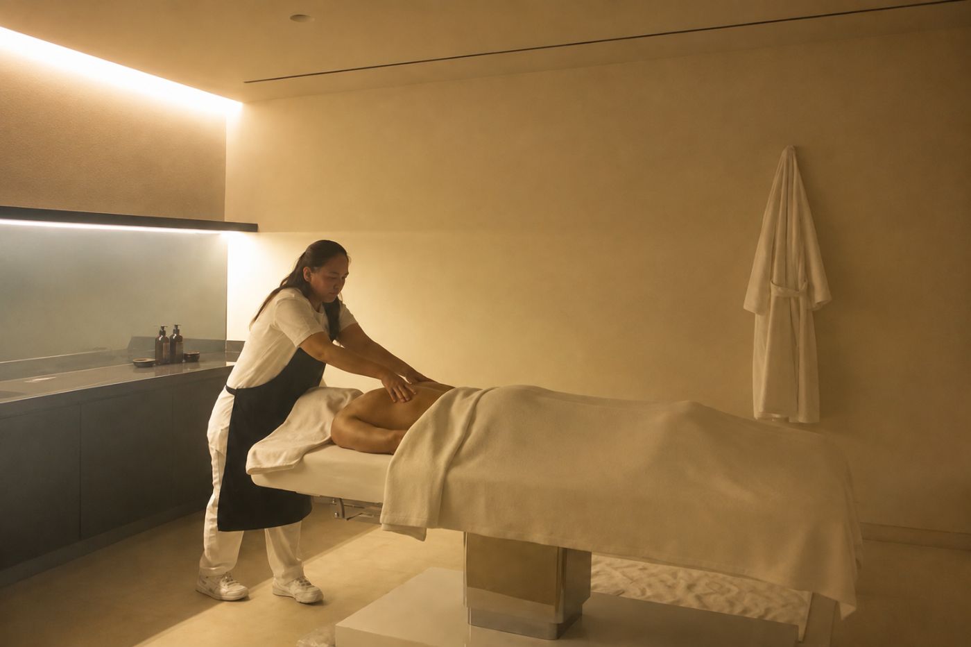 A deep tissue massage in a warm, quiet spa room
